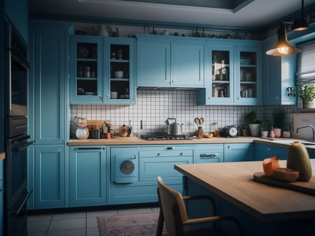 Kitchen interior with blue cabinets and kitchenware. 3d rendering.の写真素材