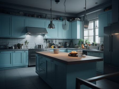 Kitchen in blue tones. 3d rendering, 3d illustration.の写真素材