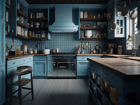 3d render of a blue modern kitchen in a rustic styleの写真素材