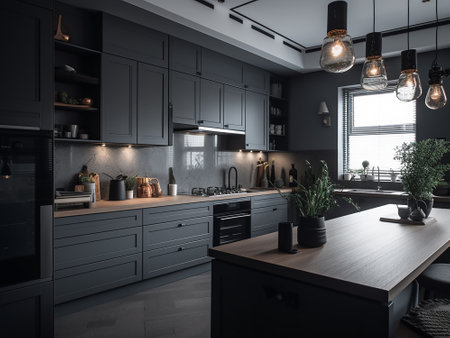 Modern black and white kitchen interior design. 3d rendering mock upの写真素材