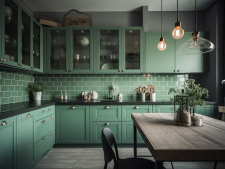 Kitchen interior with green walls, a wooden table and a green cupboardの写真素材