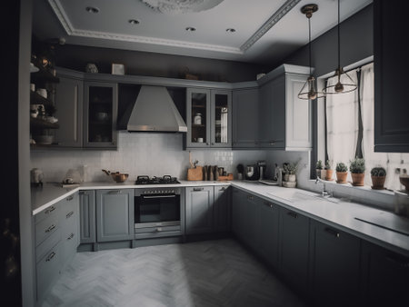 Luxury modern black and white kitchen interior design in classic styleの写真素材
