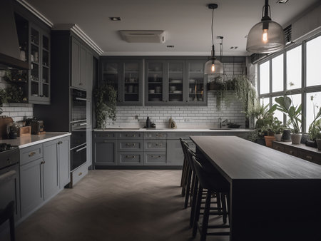 kitchen in modern house with black and white furniture and wooden tableの写真素材