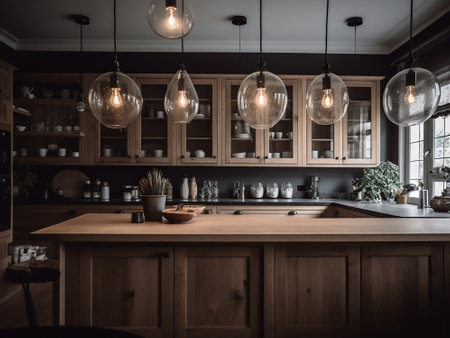 Interior of modern kitchen with wooden countertop and light bulbs.の写真素材