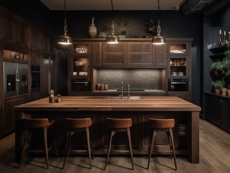 3d rendering of a modern kitchen in a loft with wooden furniture