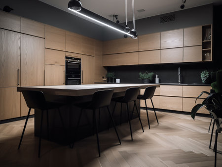 Modern kitchen interior with dark wooden furniture and black chairs. nobody insideの写真素材