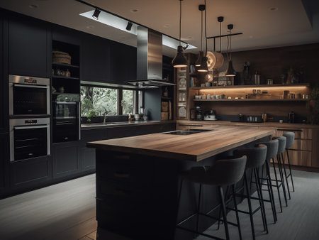 Interior of modern kitchen with black walls, concrete floor, dark wooden countertops and bar with stools. 3d renderingの写真素材