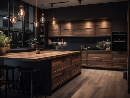 Interior of modern kitchen with dark wooden walls, concrete floor, black countertops and wooden cupboards. 3d renderingの写真素材
