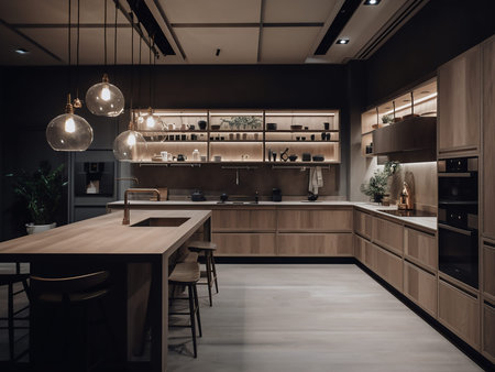 Interior of a modern kitchen with dark wooden furniture and black walls