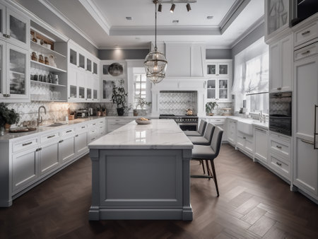 Kitchen in classic style with white cabinets and black chairs. 3d rendering.の写真素材