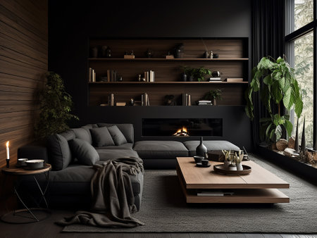 Interior of modern living room with black walls, concrete floor, comfortable sofa, coffee table and bookcase. 3d renderingの写真素材