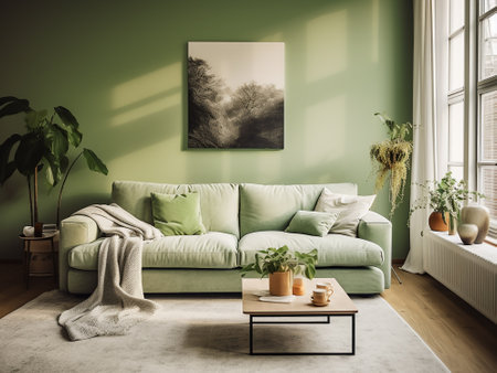 Interior of modern living room with green sofa, coffee table and plantsの写真素材