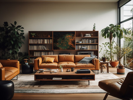 Interior of modern living room with brown leather sofa, coffee table, bookshelf and plantsの写真素材