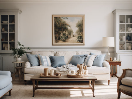 Cozy living room interior with sofa, coffee table, bookshelf, coffee table, plants and elegant accessories. vintage styleの写真素材