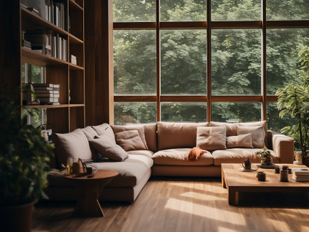 Interior of modern living room with brown sofa and bookshelfの写真素材