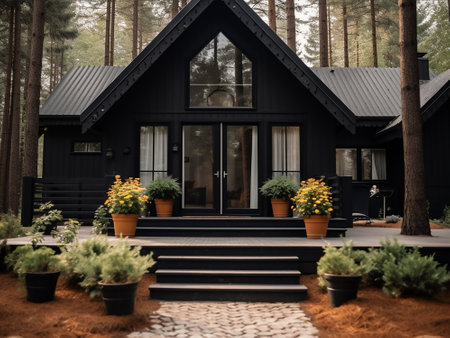 Beautiful black wooden house in the forest. Black wooden house.の素材