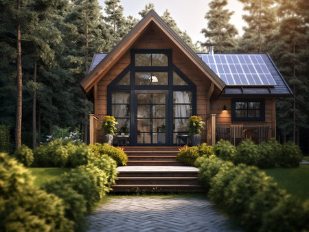 3d rendering of a wooden house with solar panels on the roof