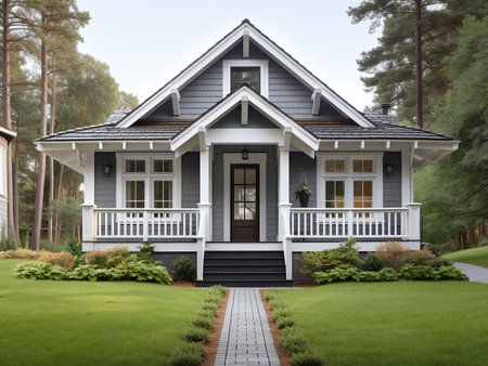 3d rendering of a beautiful house in the woods with a gardenの写真素材