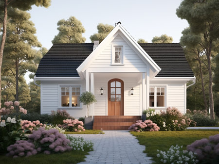 3D rendering of a classic house in the garden with flowers.の写真素材