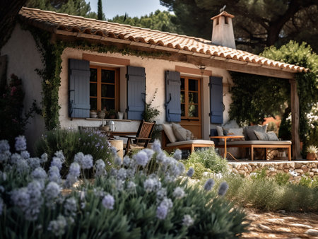 Garden with tables and chairs in a small house in Provence, Franceの素材