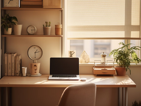 Workplace with laptop and cup of coffee on table in modern officeの写真素材