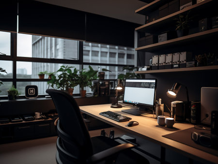Interior of modern office. Workplace with computer. 3d renderingの写真素材