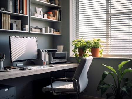 Modern office interior with furniture, computer and plants. 3D Renderingの写真素材