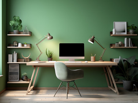 Interior of modern home office with green walls, wooden floor, computer on desk and bookshelf. 3d renderingの写真素材