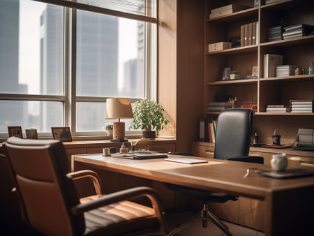 Interior of modern office with wooden walls, concrete floor, comfortable leather armchairs and bookcase with folders.の写真素材