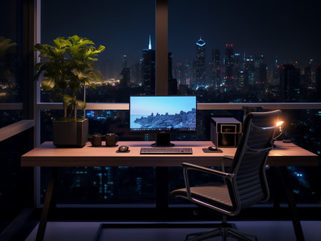 workplace with computer on table in modern office with night city viewの写真素材
