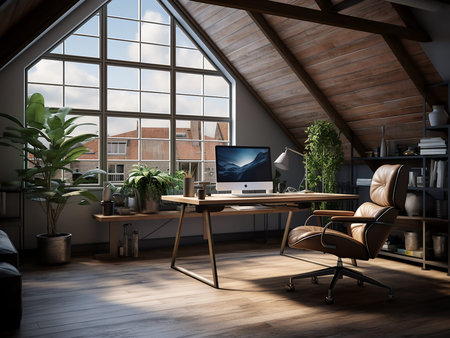 Interior of attic office with wooden walls, wooden floor and computer on the table. 3d rendering