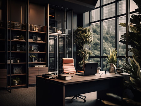 Contemporary office interior with wooden desk, chair and plants. 3D Renderingの写真素材