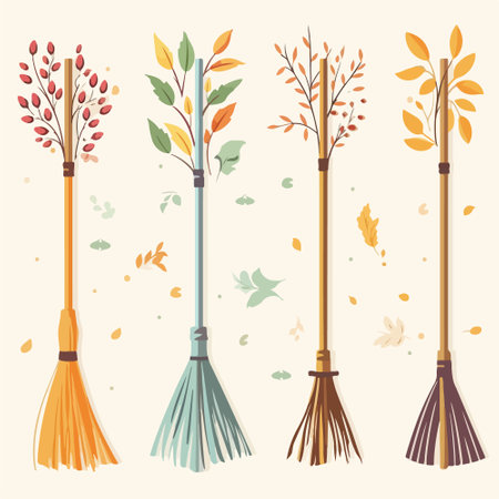 Set of autumn leaves and broom. Vector illustration in flat style.のイラスト素材