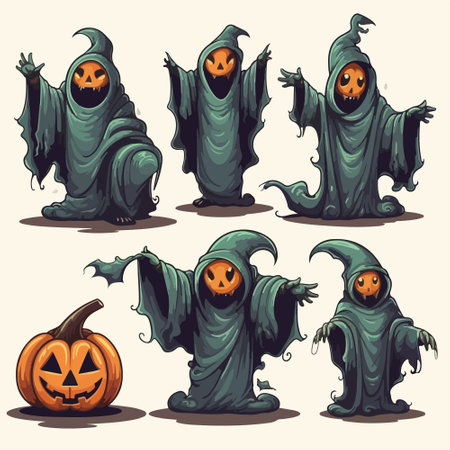 Set of cartoon spooky halloween pumpkins. Vector illustrationのイラスト素材