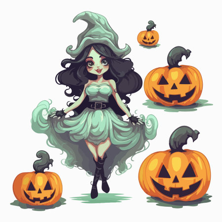 Vector illustration of a cute witch in a green dress with pumpkins.のイラスト素材