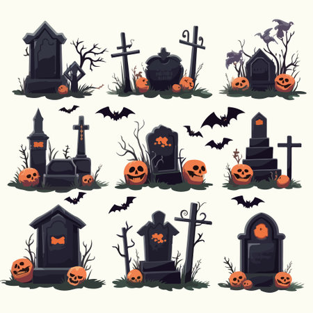 Set of Halloween vector illustrations. Cossacks, pumpkins, cemetery, bats, graves.のイラスト素材