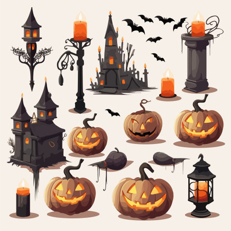 Halloween icons set with pumpkin lantern and candlestick isolated vector illustrationのイラスト素材