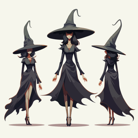 Witch in black dress and hat. Vector illustration isolated on white background.のイラスト素材