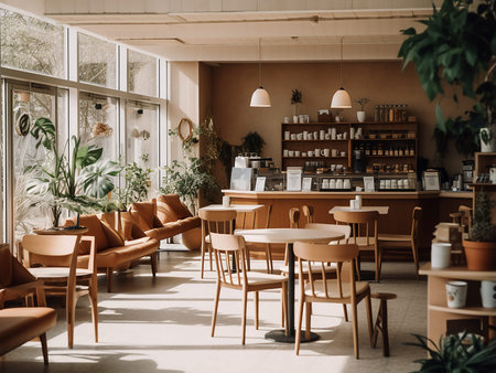 Coffee shop interior. Coffee shop with empty tables and chairs.