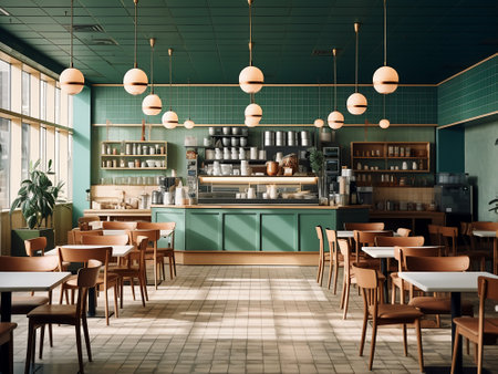 Interior of a cafe with green walls, tiled floor, wooden tables and chairs. 3d renderingの写真素材