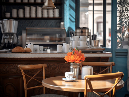 Coffee shop interior with table and chairs, selective focus.の写真素材