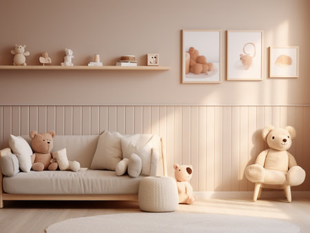 Baby room interior with teddy bear. 3d rendering mock upの写真素材