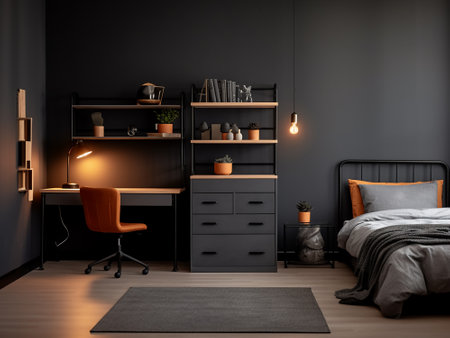 Interior of modern bedroom with dark gray walls, wooden floor, comfortable king size bed with orange armchair and bookcase. 3d renderingの写真素材