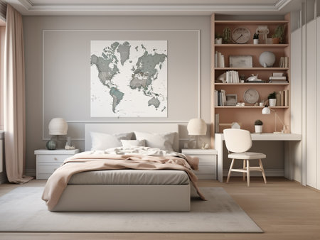 3d rendering of a bedroom interior with a map on the wallの写真素材