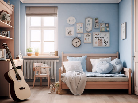 Interior of child room with blue walls, wooden floor, wooden bed and guitar. 3d renderingの写真素材