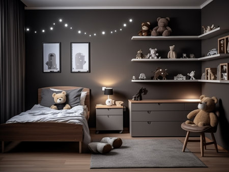 3d rendering children's room interior with teddy bear and toysの写真素材