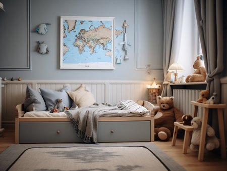 Baby room interior with wooden bed, teddy bears and teddy bearの写真素材