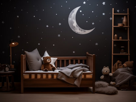 3d render of children's room with wooden bed, toys and moonの写真素材