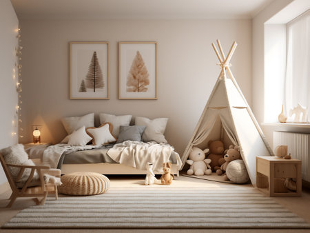 Interior of children's room with a teepee. 3d renderingの写真素材
