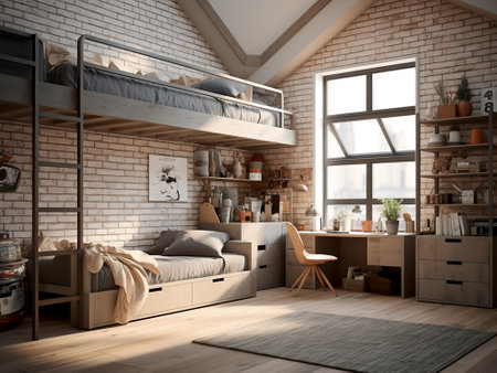 3d render of children's bedroom with bunk beds and bunk bedsの写真素材